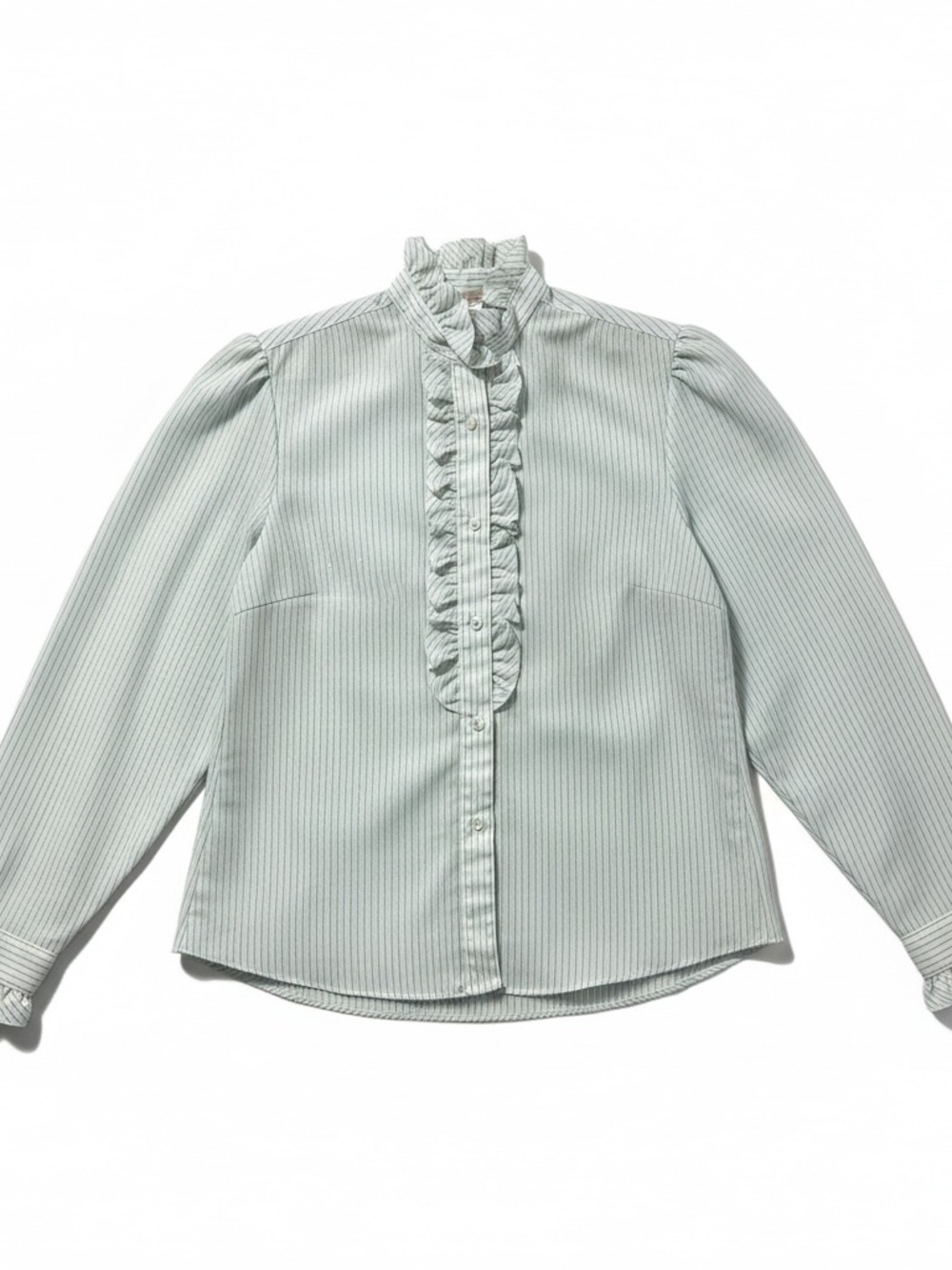 Vintage 1980s Horne’s Ruffle Blouse Blue White High Collar Tailored Women's L